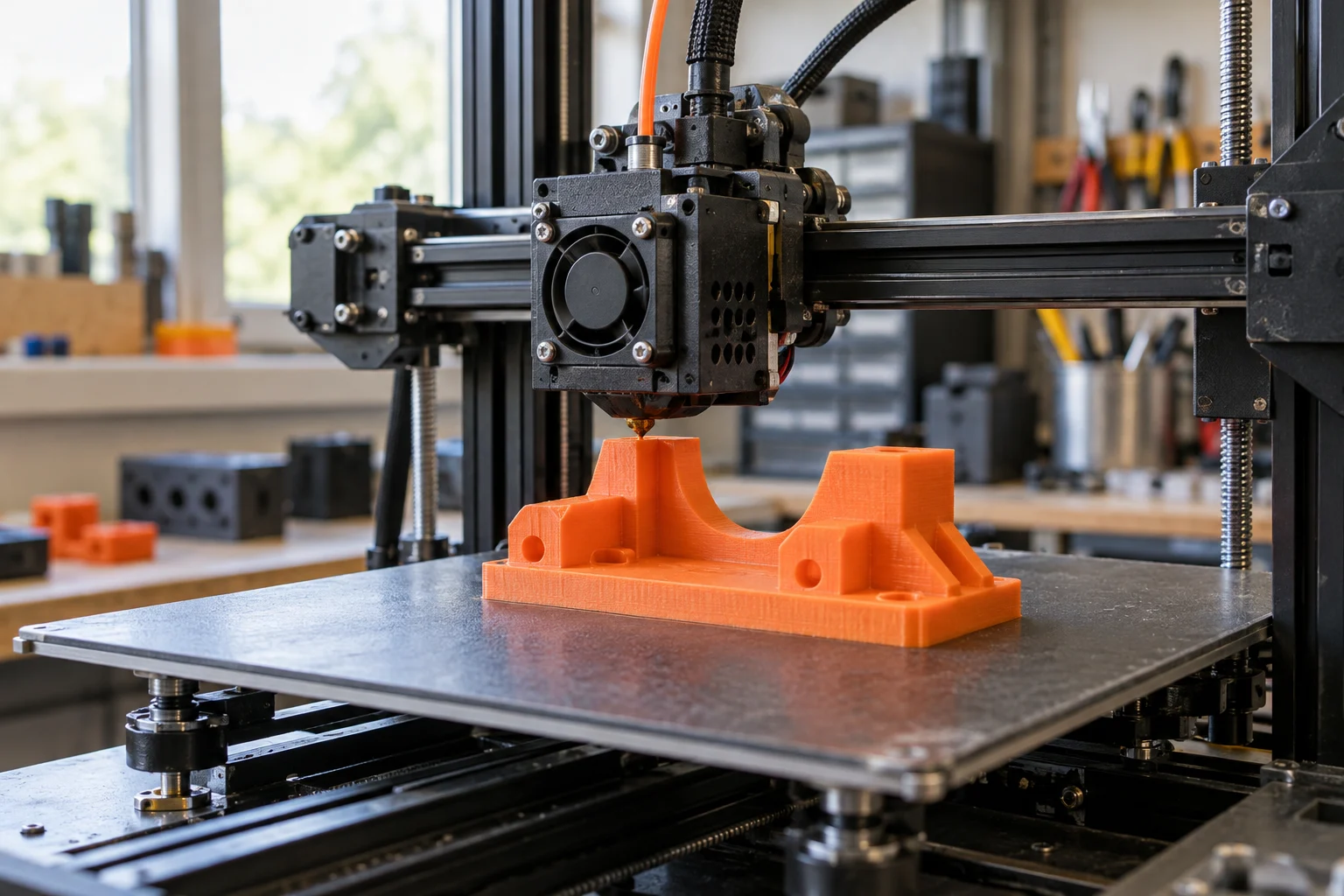 Imagen ilustrativa de una impresora 3D fabricando una pieza naranja
