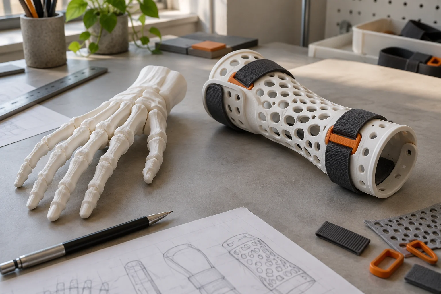 Referencia ilustrativa de modelos anatómicos y un prototipo de diseño de órtesis